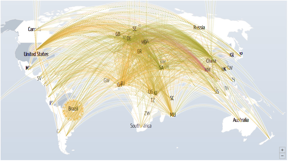 Figure 1. Capture d’écran du site https://flightradar.live/fr/ (27 mars 2020) Trafic aérien mondial