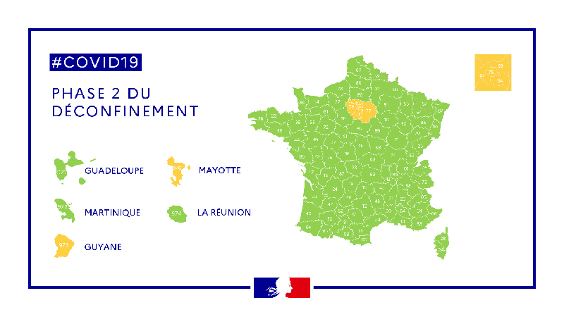 Carte de la phase 2 du déconfinement, diffusée le 28 mai 2020