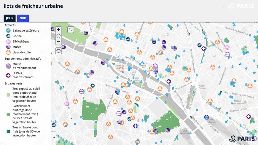 Carte des îlots de fraicheur 2019, disponible sur le site Paris.fr