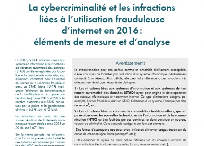 La cybercriminalité et les infractions liées à l'utilisation frauduleuse d'internet en 2016
