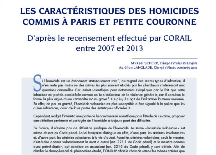 Les caractéristiques des homicides commis à Paris et petite couronne