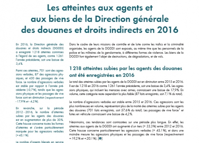 Les atteintes aux agents et aux biens de la Direction générale des douanes et droits indirects en 2016